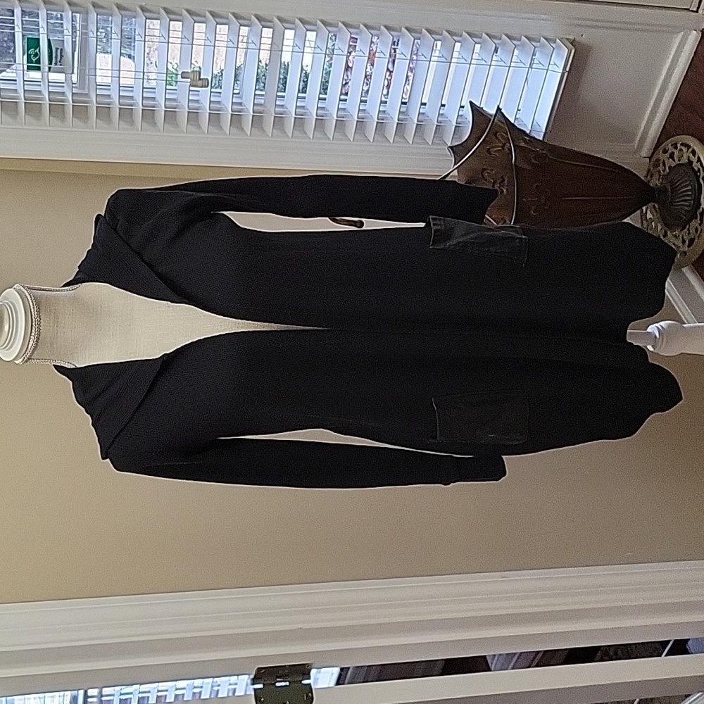 Serena Williams black textured cardigan hoodie faux leather pockets Long…XS EUC